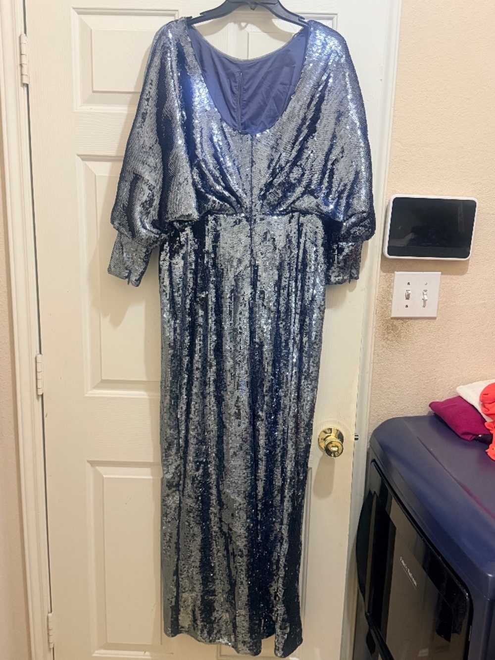 Silver Sequin Three Quarters Elegant Evening Gown
